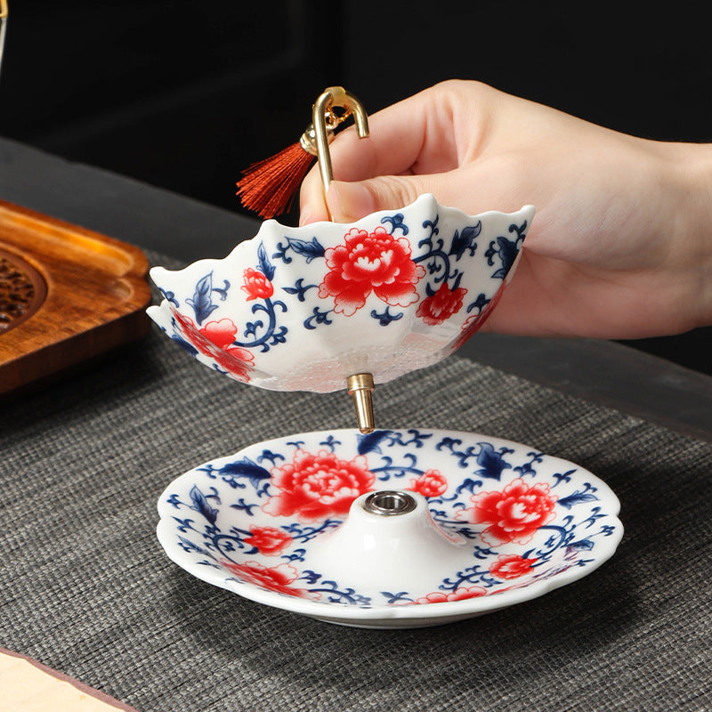 ☂️🍵Chinese Blue and White Porcelain Tea Strainer Set | Umbrella Shape Ceramic Tea Filter with Saucer