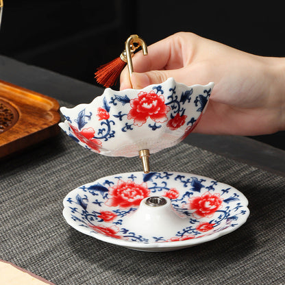 ☂️🍵Chinese Blue and White Porcelain Tea Strainer Set | Umbrella Shape Ceramic Tea Filter with Saucer