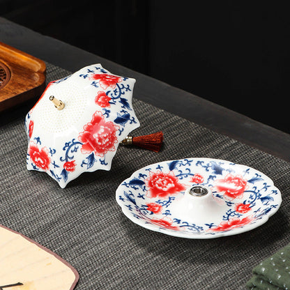 ☂️🍵Chinese Blue and White Porcelain Tea Strainer Set | Umbrella Shape Ceramic Tea Filter with Saucer