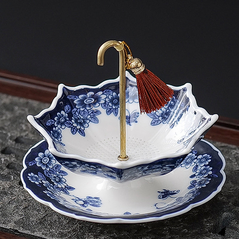 ☂️🍵Chinese Blue and White Porcelain Tea Strainer Set | Umbrella Shape Ceramic Tea Filter with Saucer