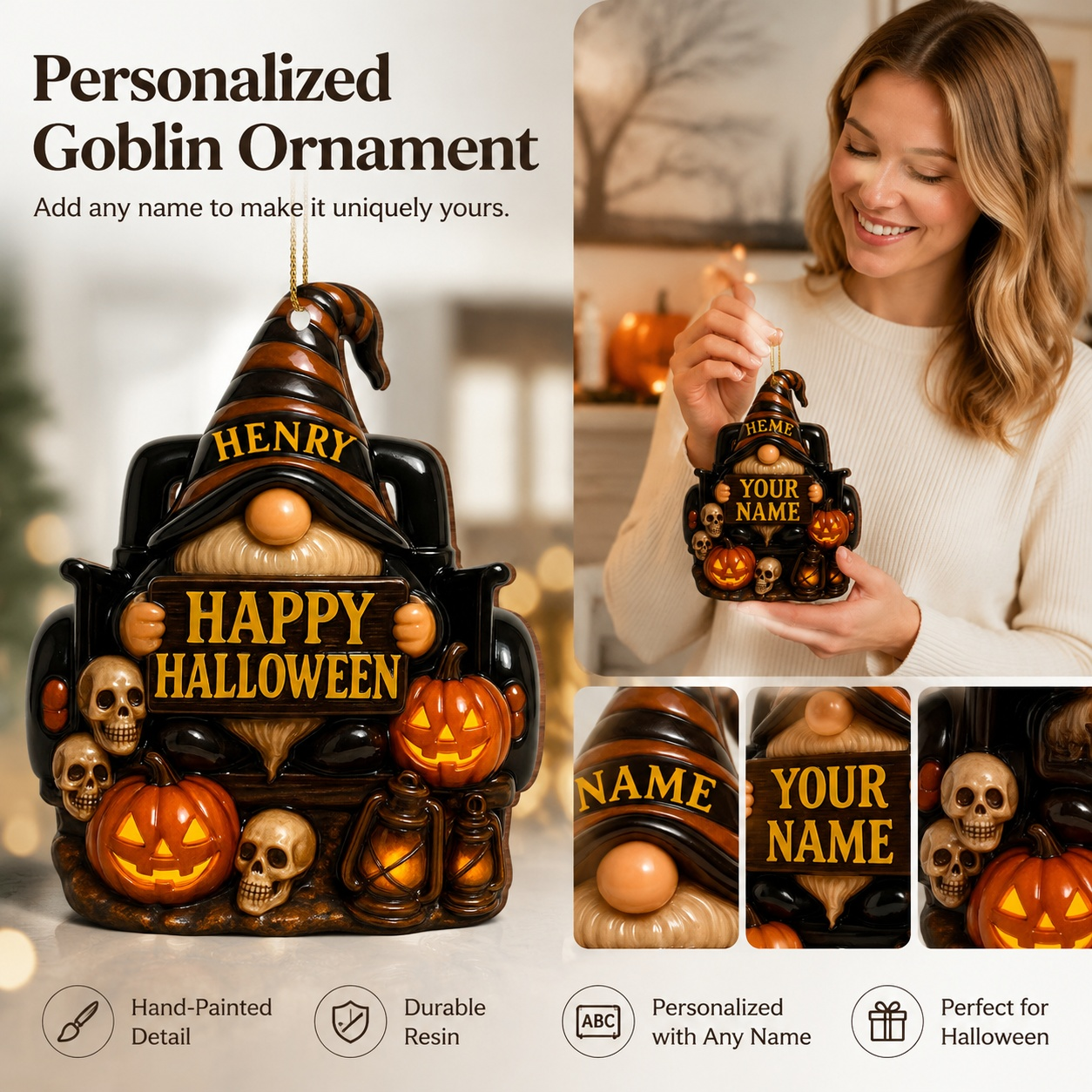 👻 	Personalized Halloween Goblin Ornament – Custom Name Resin Hanging Decor for Home