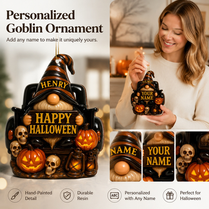 👻 	Personalized Halloween Goblin Ornament – Custom Name Resin Hanging Decor for Home