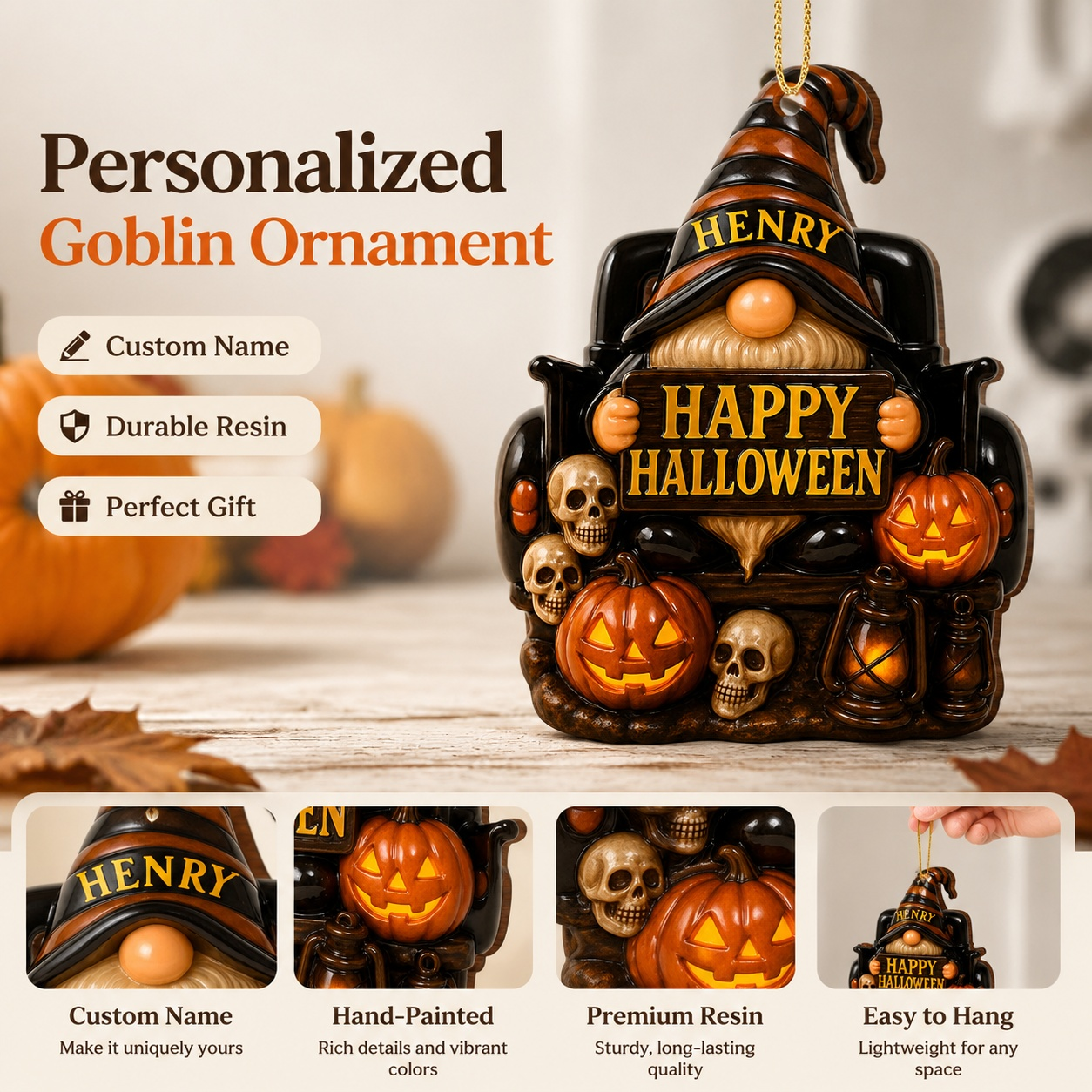 👻 	Personalized Halloween Goblin Ornament – Custom Name Resin Hanging Decor for Home