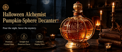 🎃 Halloween Alchemist Pumpkin-Sphere Decanter – Vintage Crystal Whiskey Decanter with Brass Frame & Leather Strap 🥃