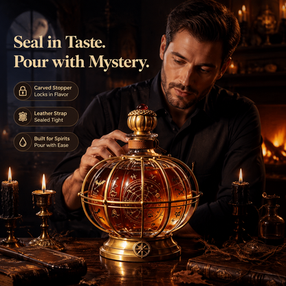 🎃 Halloween Alchemist Pumpkin-Sphere Decanter – Vintage Crystal Whiskey Decanter with Brass Frame & Leather Strap 🥃