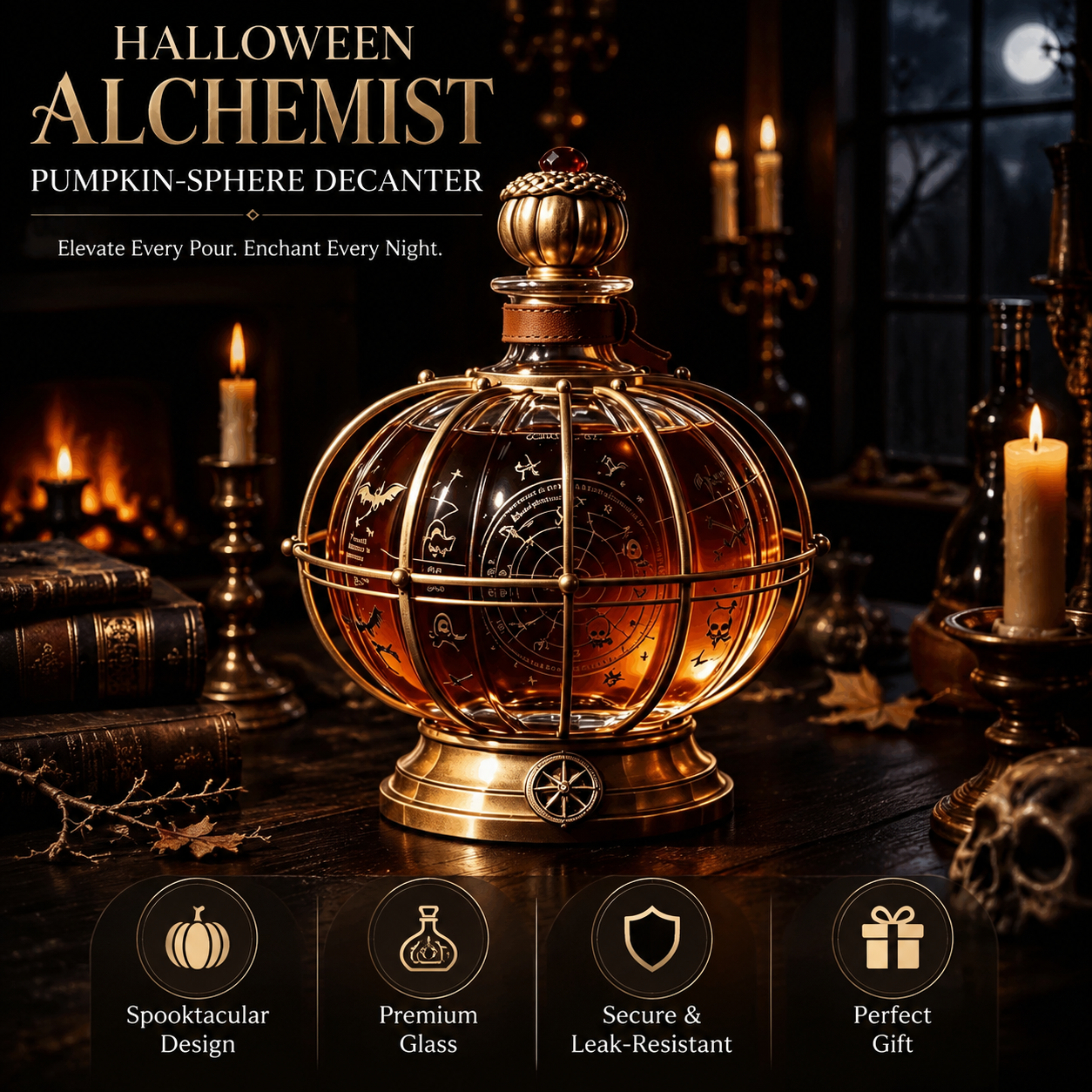 🎃 Halloween Alchemist Pumpkin-Sphere Decanter – Vintage Crystal Whiskey Decanter with Brass Frame & Leather Strap 🥃