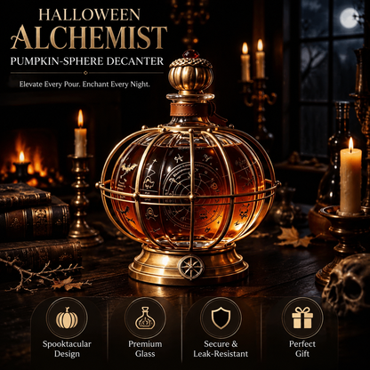 🎃 Halloween Alchemist Pumpkin-Sphere Decanter – Vintage Crystal Whiskey Decanter with Brass Frame & Leather Strap 🥃