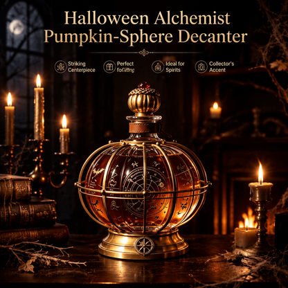 🎃 Halloween Alchemist Pumpkin-Sphere Decanter – Vintage Crystal Whiskey Decanter with Brass Frame & Leather Strap 🥃