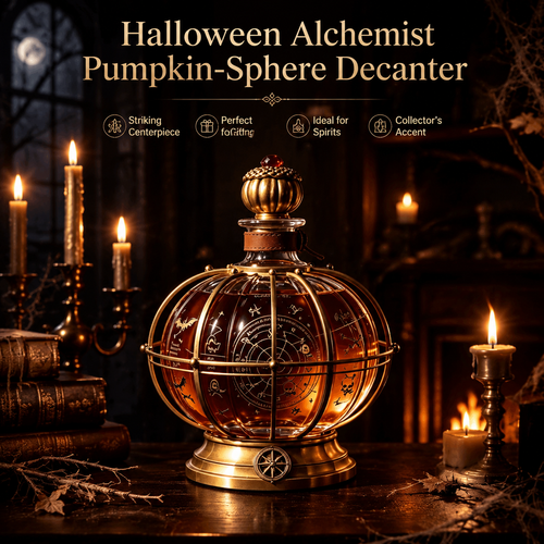 🎃 Halloween Alchemist Pumpkin-Sphere Decanter – Vintage Crystal Whiskey Decanter with Brass Frame & Leather Strap 🥃