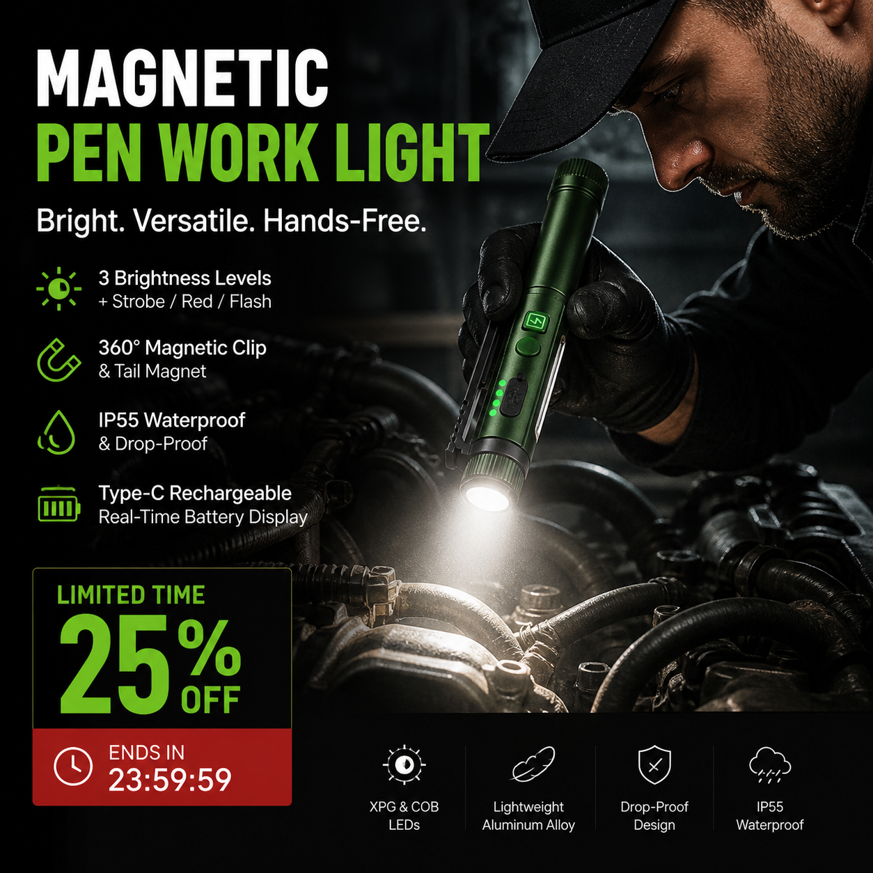 🔦🧲Multifunctional Magnetic Pen-Style Work Light – Portable, Rotatable LED Work Flashlight; Hands-Free Lighting with Magnetic Base