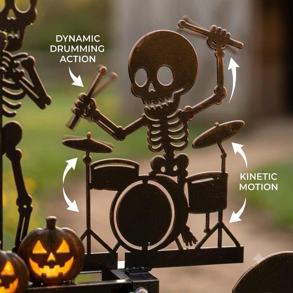 Halloween Skeleton Metal Drummer Kinetic Wind Spinner